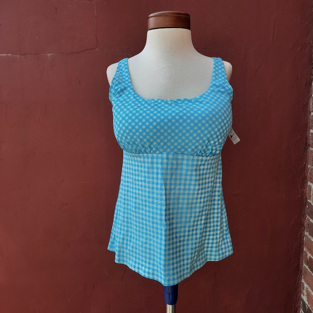 Lands End Chlorine Resistant Square Neck Tankini Top Swimsuit Paradise Gingham